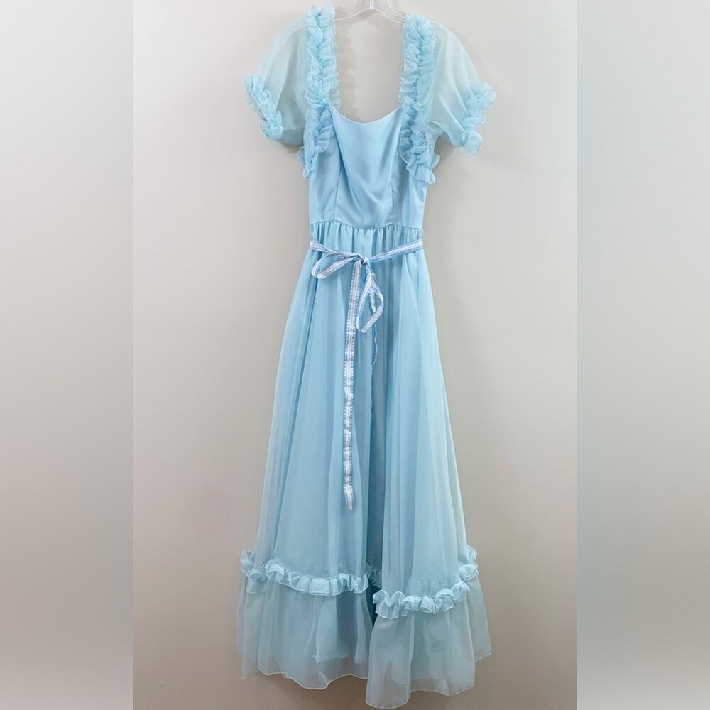 Vintage Prairie Chiffon Sky Blue Ruffle Sleeves Maxi Short Sleeve Dress